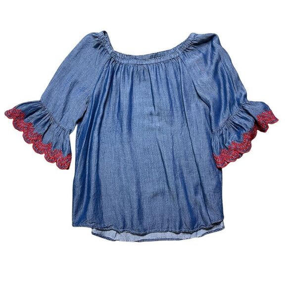 RUBY RD Blue Blouse with Red Embroidered Sleeves Size Small Petite - Picture 1 of 4